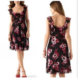 White House Black Market Chiffon Ruffle Floral Fit And Flare Midi Dress 6 EUC
